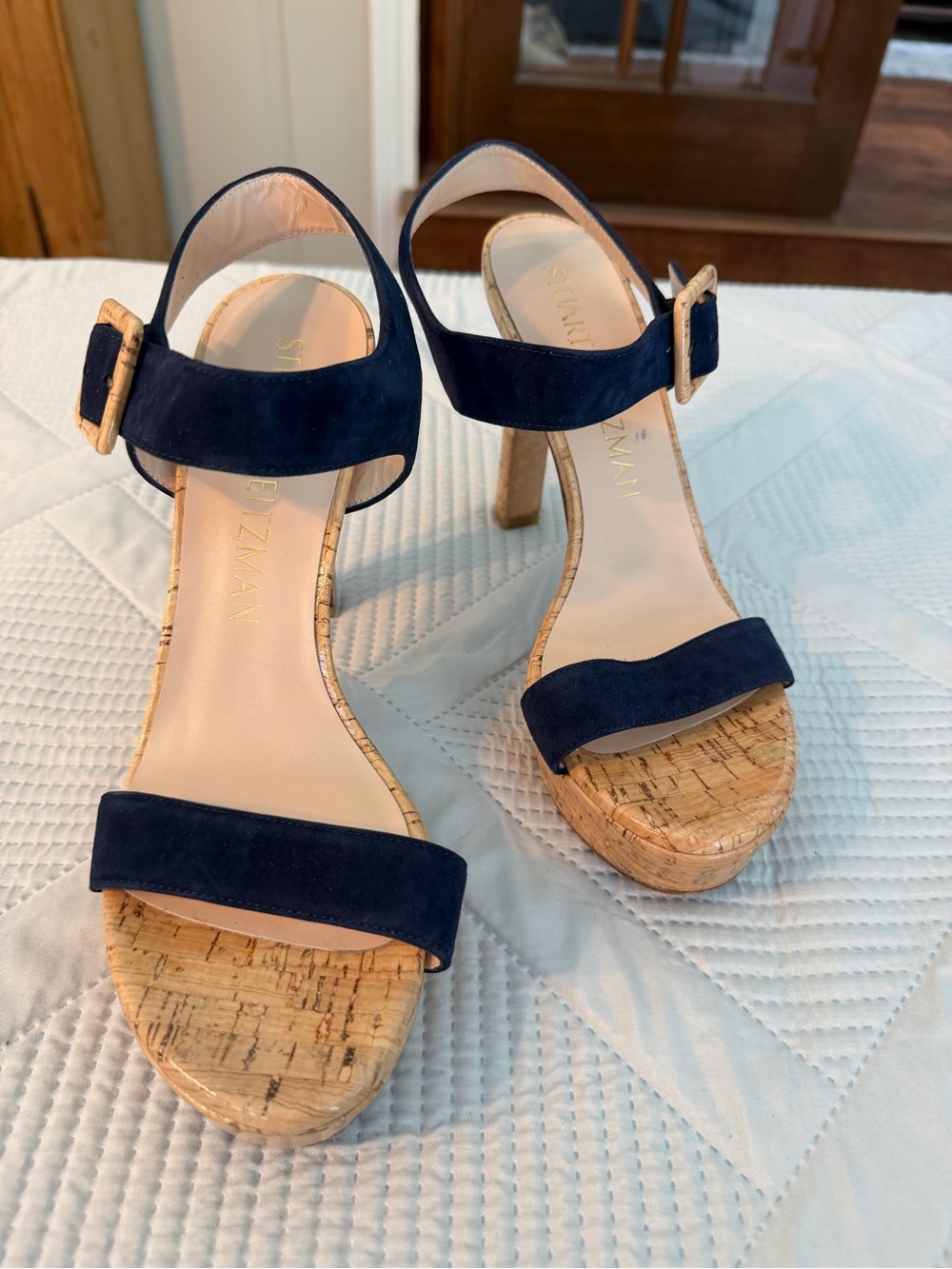 Stuart Weitzman Navy Suede Cork Platform Heels